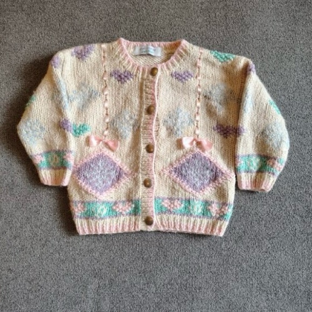 Vtg Knit Cardigan Sweater Girls 12 Month Bows Hearts Cottage Ribbon Coquette